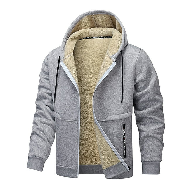 Jackets for Men, Jacket for Men, Mens Warm Solid Color Thick Zipper Pocket Drawstring Long Sleeved Hooded Casual Jacket