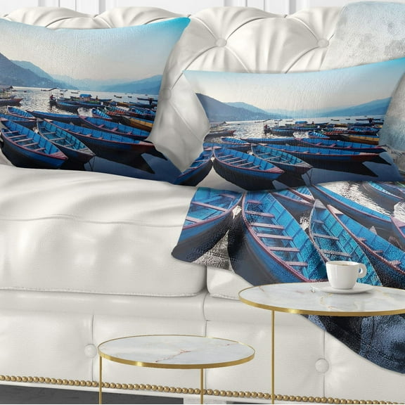 Designart Blue Wooden Boats in Lake - Boat Throw Pillow - 12x20