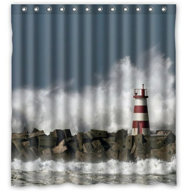 GreenDecor Lighthouse And Seawave Waterproof Shower Curtain Set with