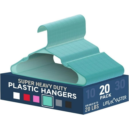 Lifemaster Plastic Clothes Hangers – Heavy Duty Hanger Set, For Organizing Clothes, Dresses, and Coat, Holds Up To 5 lbs, Space-saving Hangers with Non-Slip Shoulder Grooves, Pack of 20, Aqua