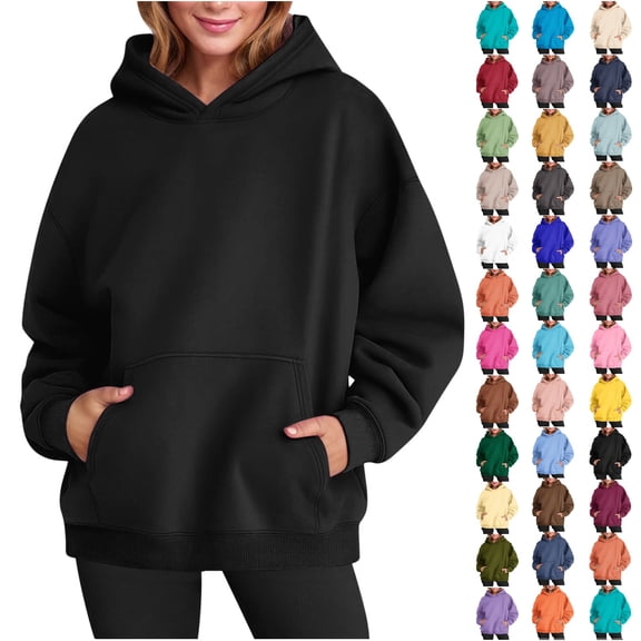 Women's Oversized Drop Shoulder Hoodie,Solid Color Long Sleeve Loose Casual Pullover Sweatshirt Top,Black,Women's Plus Size L