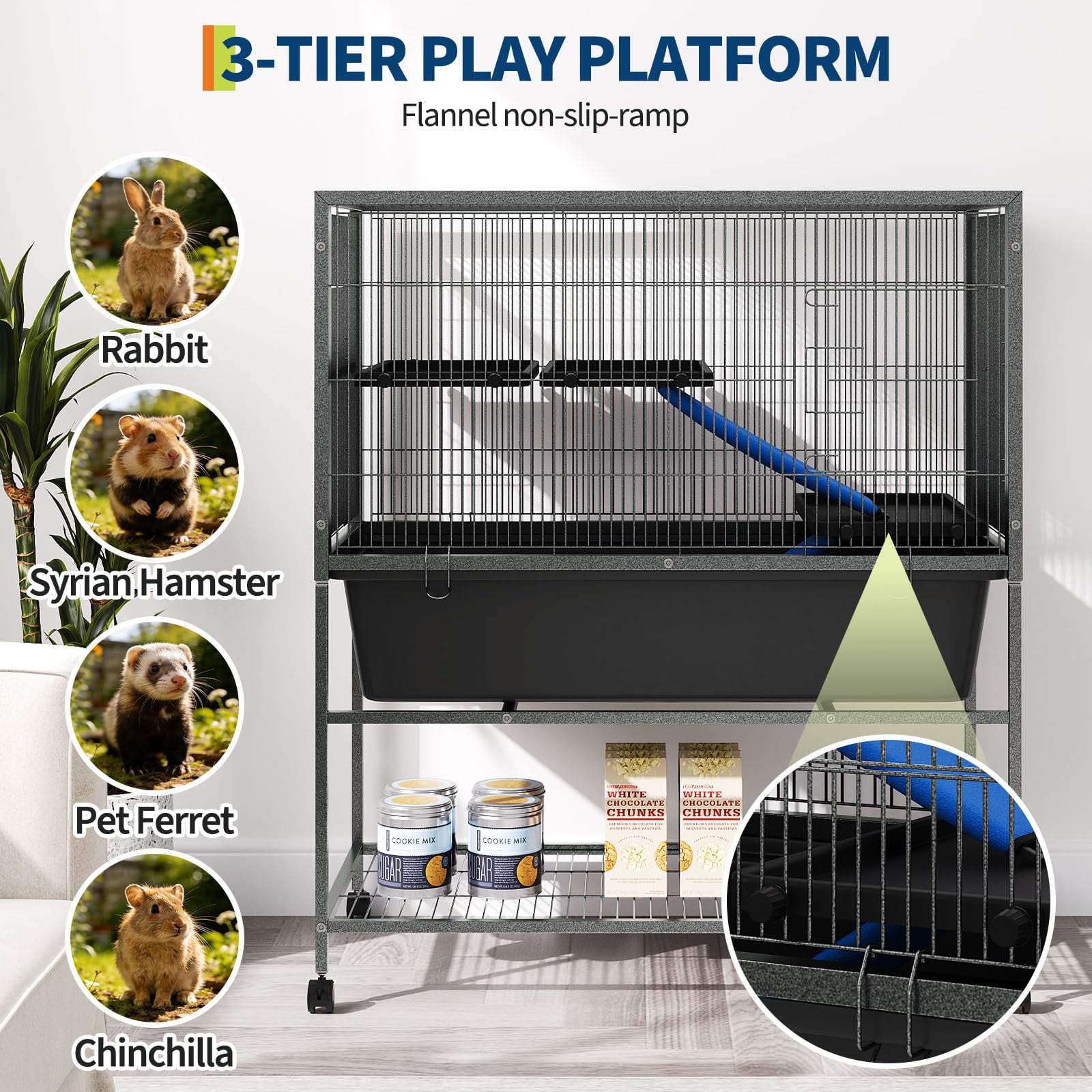 Ataucjin Multi-Level Metal Bird Cage for Small Pets, Removable Platforms & Deep Slide-Out Tray - Lockable Wheels & Storage Shelf,Ideal for Ferrets, Chinchillas, Rabbits, Squirrels