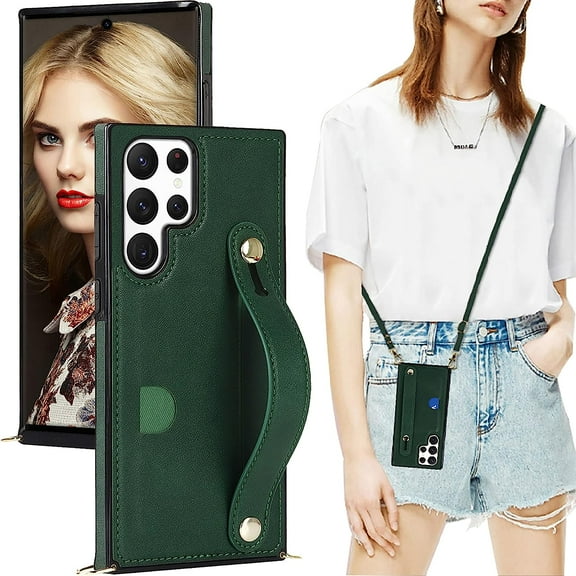 Case for Samsung Galaxy S23 Ultra (Not S23) with Card Slot Holder, Removable Adjustable Shoulder Strap Lanyard Crossbody Neck Purse Phone Case for Samsung Galaxy S23 Ultra KB Green