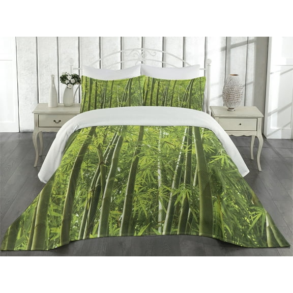 Ambesonne Green Quilted Coverlet 3 Pcs, Exotic Tropical Asian Leaf, Queen Size, Green