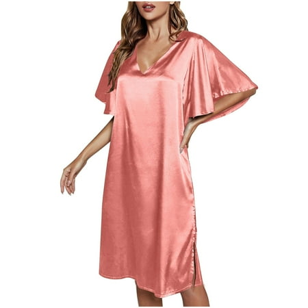 GHSOHS Robes for Women Sleeping Pullover Labor Gown Solid Color Ice Silk Nightdress Summer Short Sleeve Women s Gown Sleepwear Sleepshirt Robe Pajamas Nightgown Homewear Lingerie