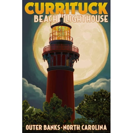 North Carolina Lighthouses - Currituck Beach Lighthouse and Moon - Outer Banks, North Carolina Print Wall Art By Lantern Press