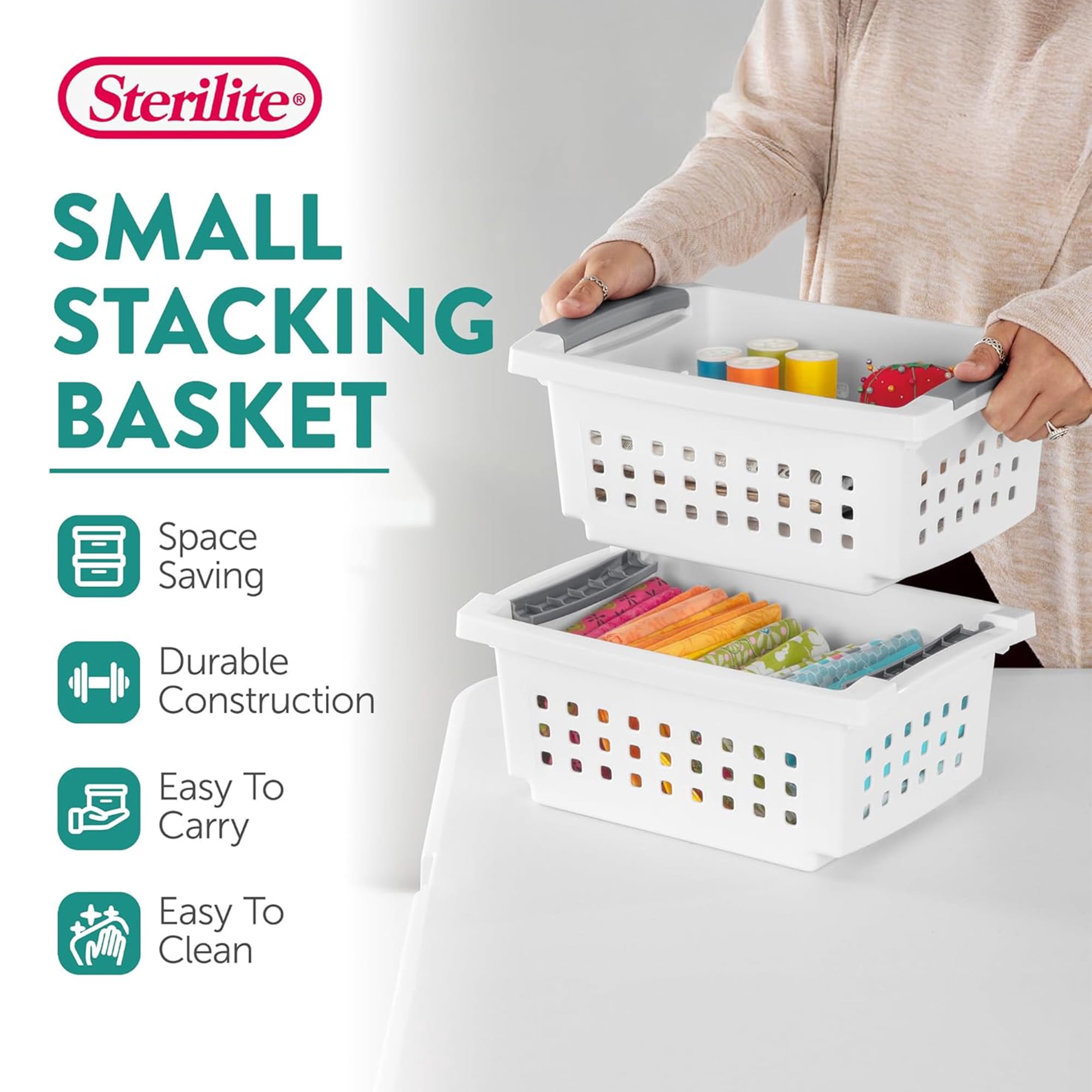 Sterilite 16608008 Small Stacking Basket With Titanium Accents, White (8 Pack)