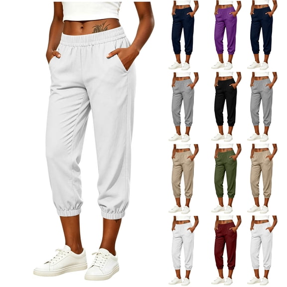 OVAFBAU Women's Capris Pants Yoga Workout Leggings High Waist Slim Casual 8/10 with Pockets Linen Pants