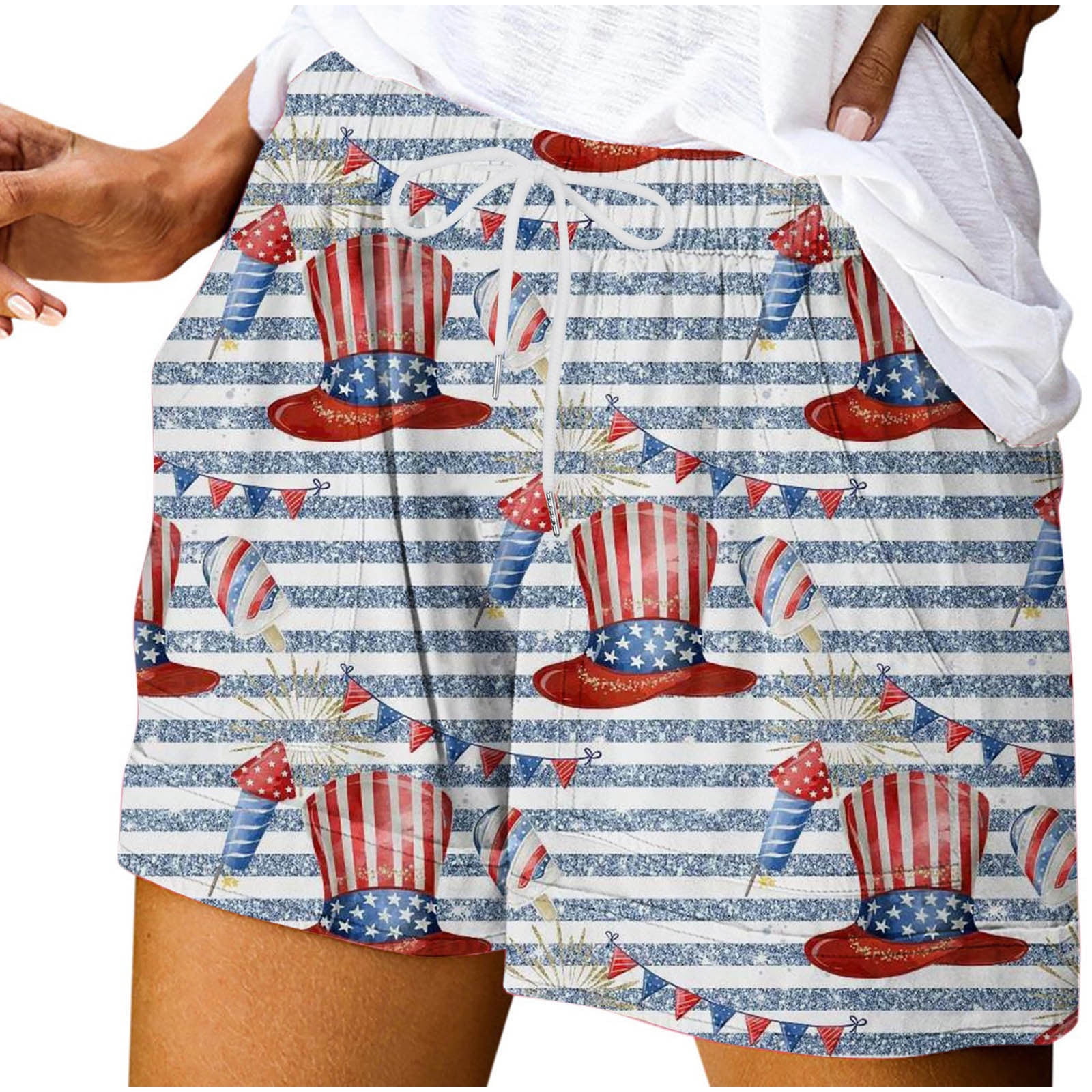 Odeerbi 4th of July Patriotic Shorts for Women Casual Printed Loose Drawstring Shorts with 