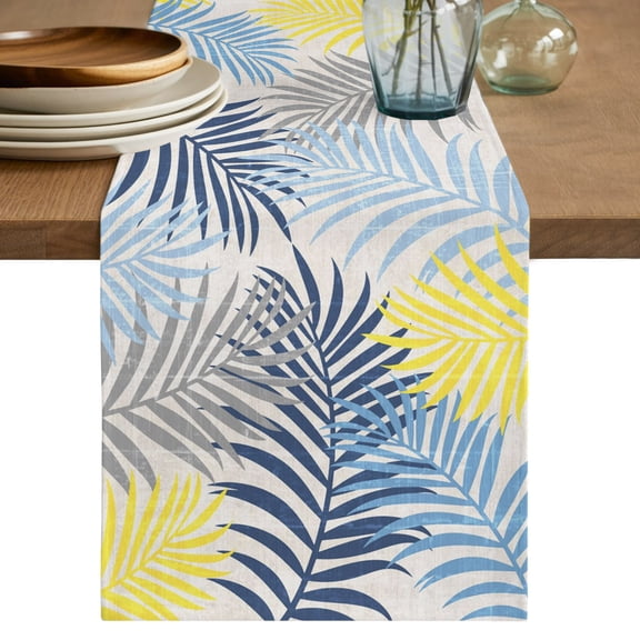 Blue Yellow Grey Palm Leaves Table Runner 48 Inches Long,Summer Botanical Tropical Leaf Cotton Linen Table Runners Dresser Scarves,Fabric Tabletop Scarf Furniture Cover for Home Dinner Party 13"x48"