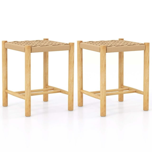 Juego de 2 Taburetes de comedor Costway 45 cm cuerda de papel Patas de Madera de caucho natural