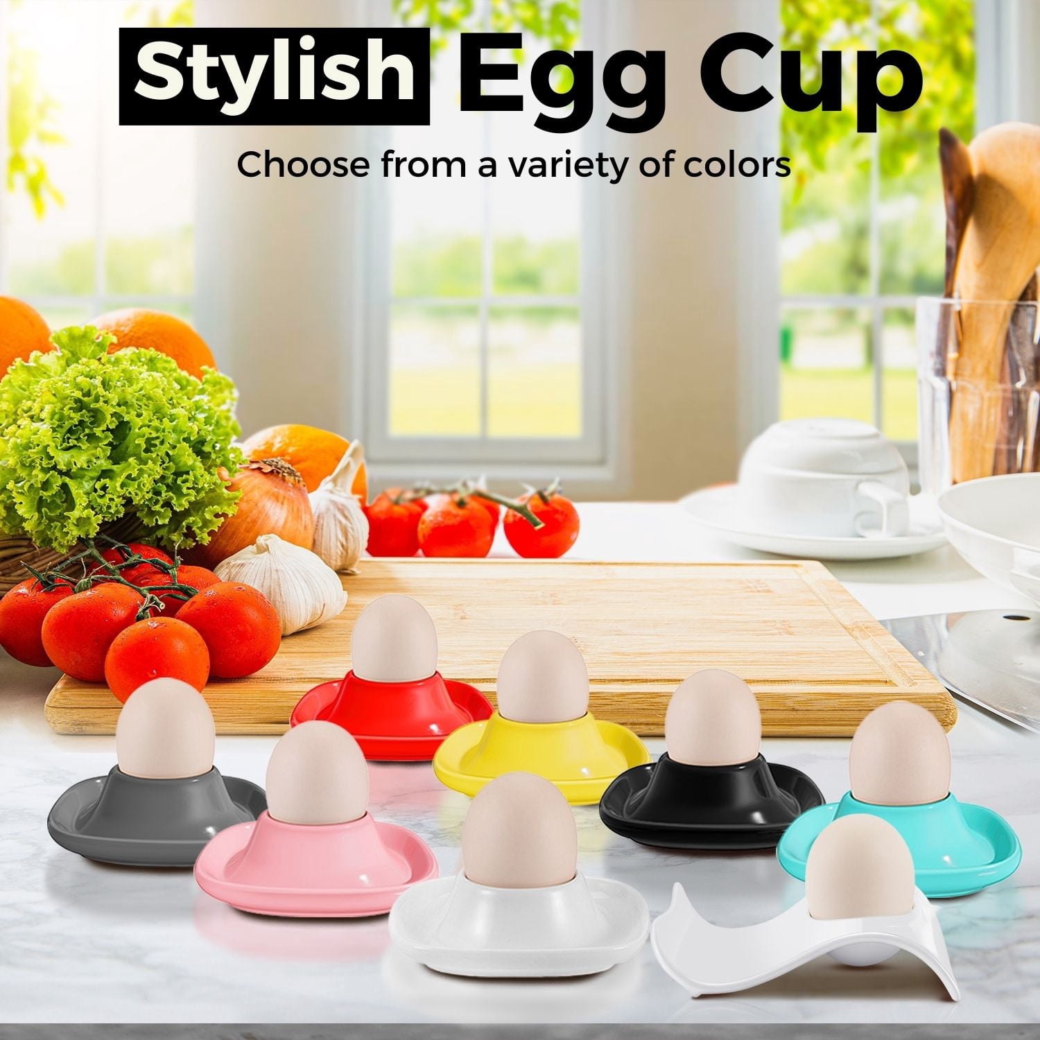 Ceramic Egg Cups Set of 6 Half Dozen Pack, Porcelain Hard Soft Boiled Egg Holder Keeper Container with Base, Stackable Serving Dish Plate Stand Serveware for Countertop Display Kitchen Home (Black)