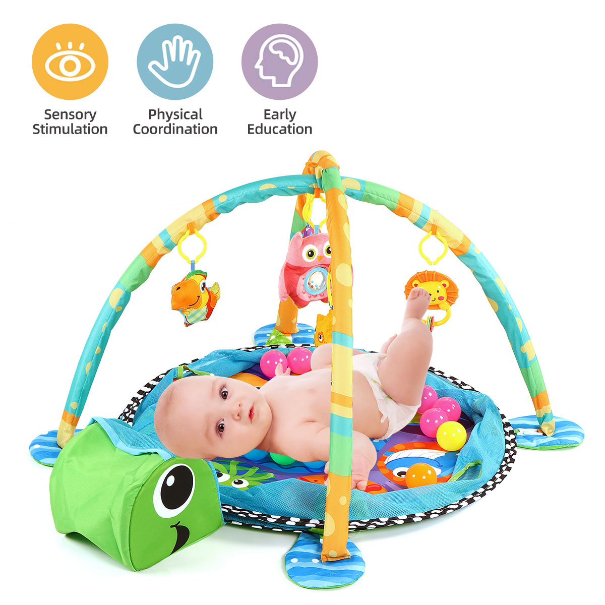 TEAYINGDE 3 in 1 Baby Gym Play Mat Baby Activity with Ocean Ball,Green Turtle - image 3 of 11
