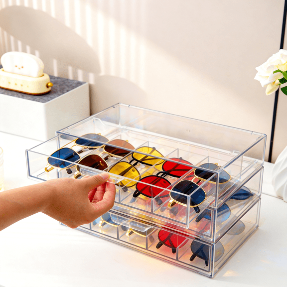Merzark 2-Pack Clear Acrylic Sunglasses and Jewelry Organizer, Stackable 5-Compartment Drawer with Integrated Handles, 10 Total Compartments for Vanity, Desk, Craft Room, Gift for Women and Mom