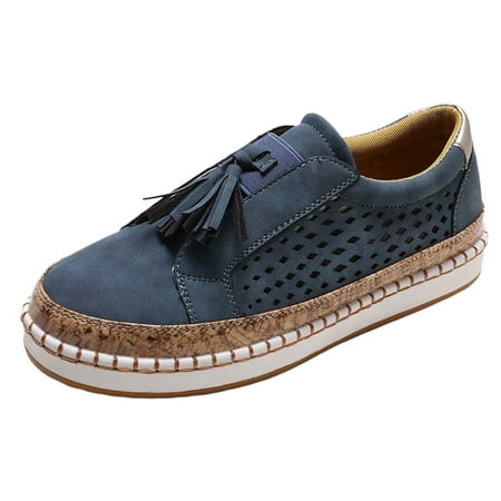 QYZEU Womens White Sneakers Sandals for Women Summer 2024 Women s Fashion Fringe Hollow Out Round Toe Flat Slip On Shoes Shoes Women Sneakers Sport Shoes Blue 36