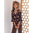 thumbnail image 4 of V neck Blouses for Women Dressy Casual 3/4 Sleeve  Floral Print Tops Loose Flowy Tops Embroidered Shirts, 4 of 7
