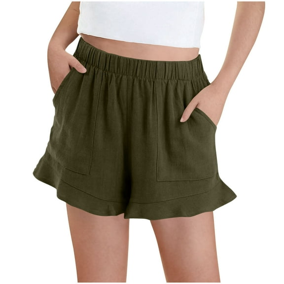 JTSRKL Girls Shorts Lightweight Casual Solid Color Elastic Waist Baggy Short Pants Summer Ruffle Beach Shorts with Pockets Army Green 9-10 Years