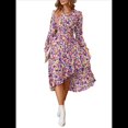 thumbnail image 2 of Vestido Bohemio de Verano para Mujer, con Estampado Floral, Larga, Cuello en V, Volantes, Corte A, Fluido, para Invitadas de Boda Rosa M, 2 of 10