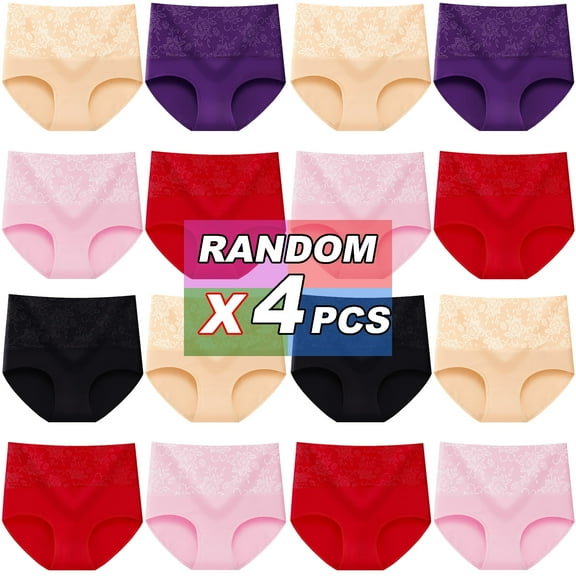 Random color 4PCS women's cotton underwear, high-waisted full-coverage underwear, postpartum soft and breathable underwear, elastic underwear