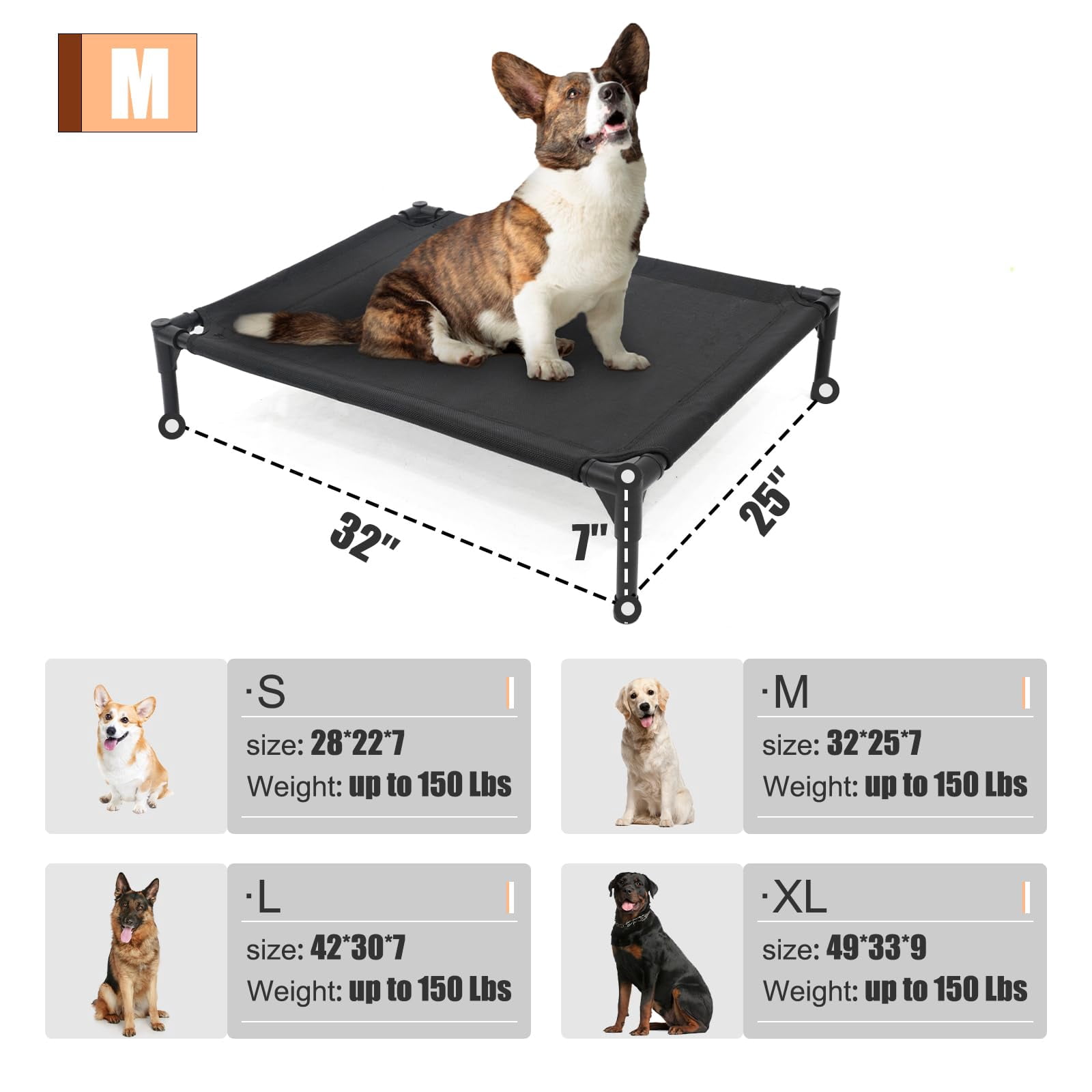 Xl Elevated Dog Bed For Large Dogs  Extra Raised Beds Heavy Duty Pet Cots With Durable Supportive Teslin Recyclable Mesh Indoor & Outdoor