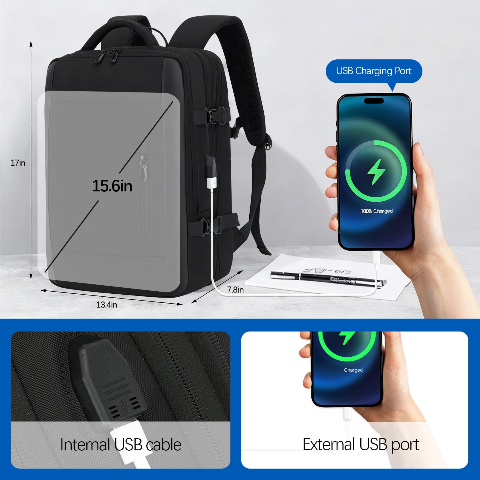 Fenbeli 45L Expandable Travel Laptop Backpack, Water-Resistant Business Backpack with USB Charging Port