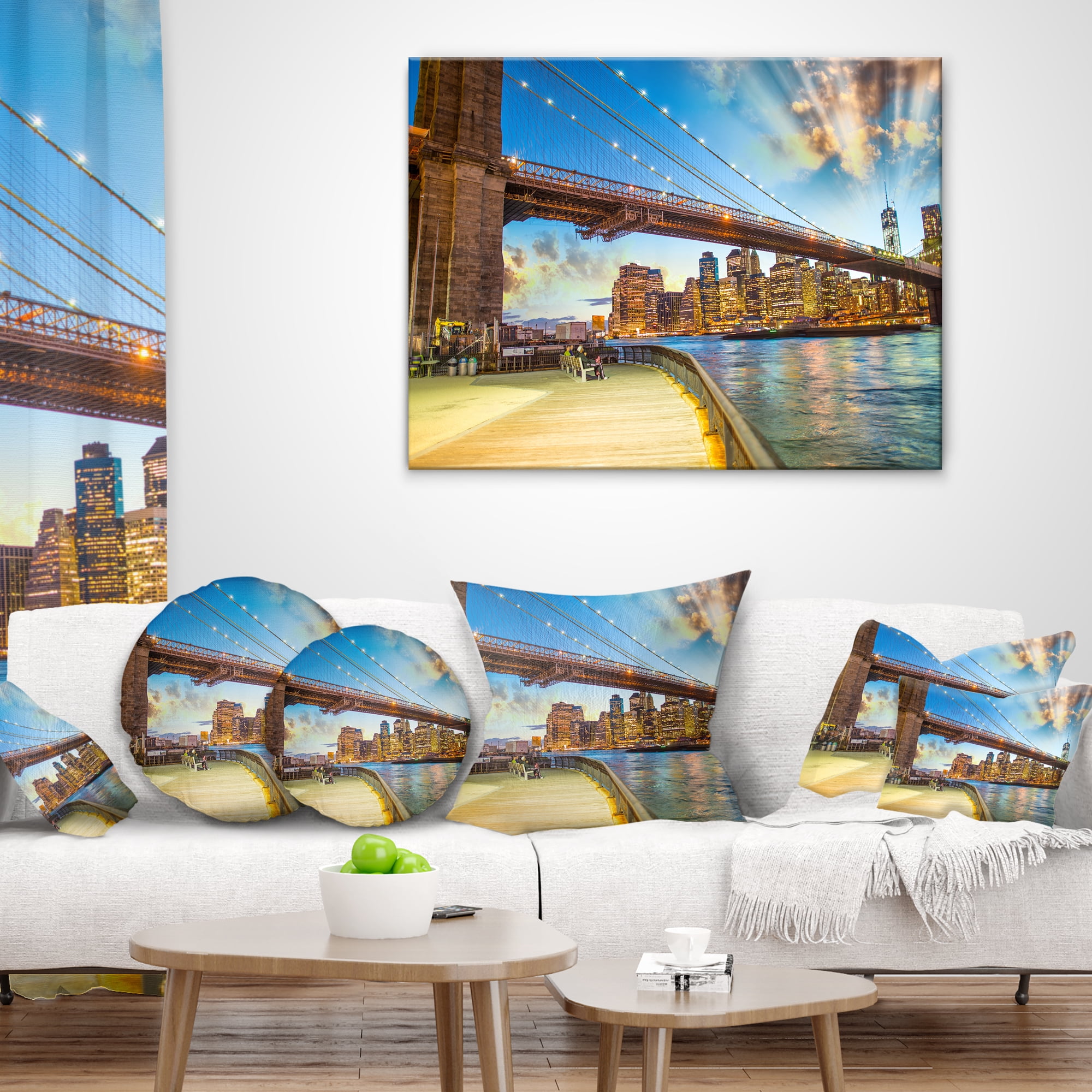 Designart Bridge Park Brooklyn - Cityscape Photography Throw Pillow - 18x18