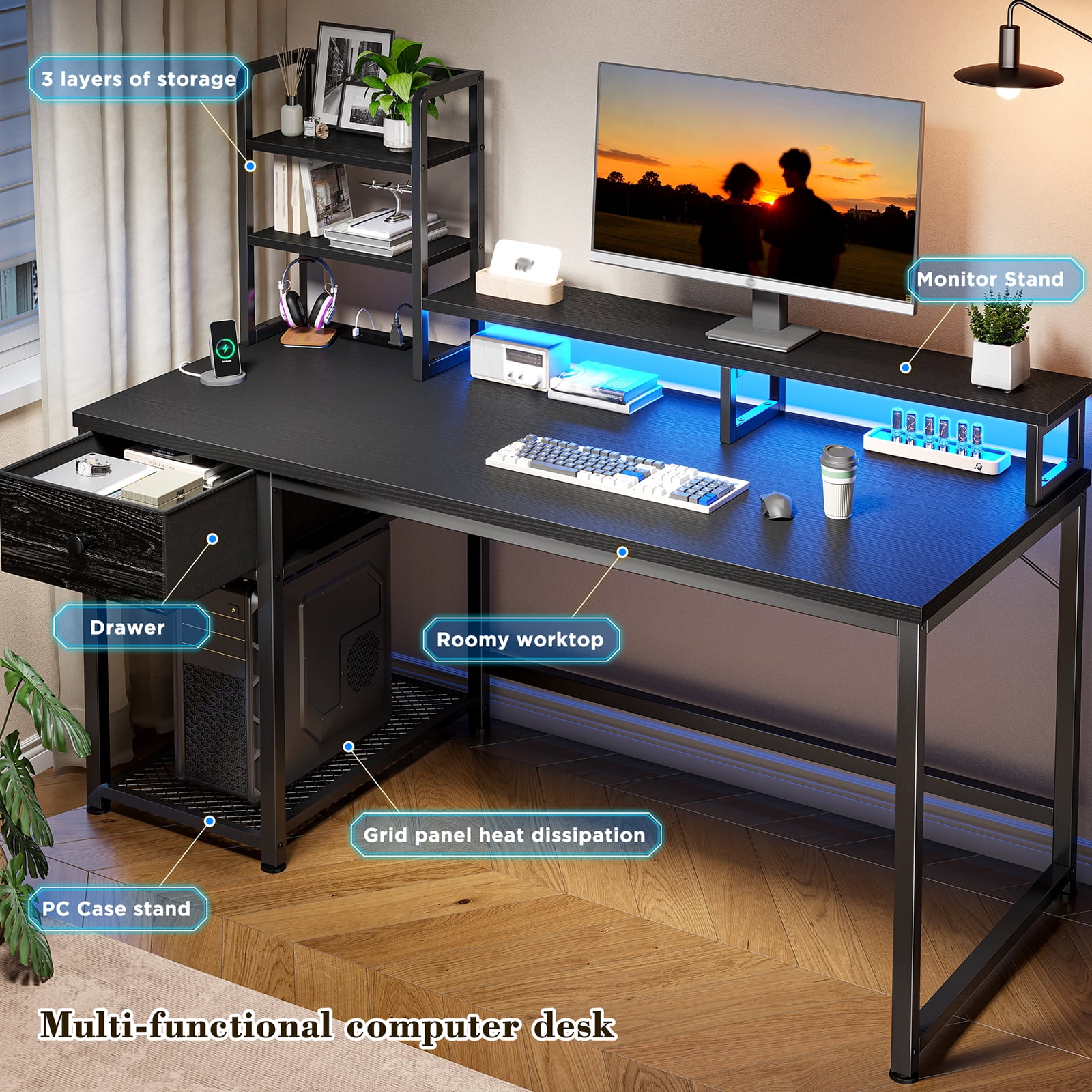 Romorgniz 44"W Computer Desk with Hutch, Gaming Desk with LED Lights & Power Outlets, Small Desk with Drawer and Monitor Stand, Writing Desk for Home Office, Black