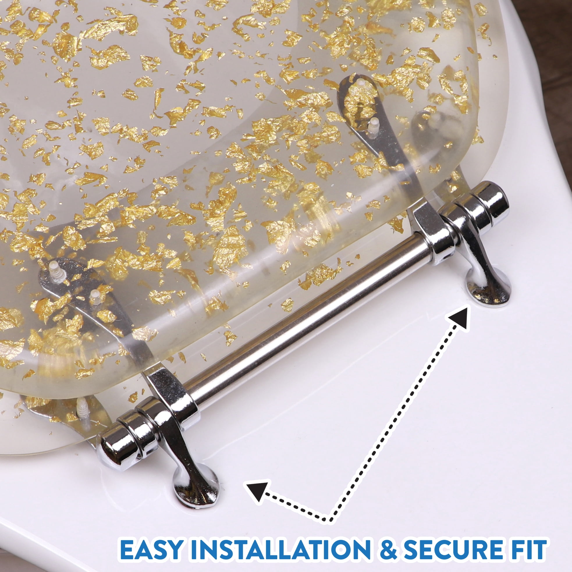 Ginsey Elongated Resin Decorative Toilet Seat with Chrome Hinges, Gold Foil