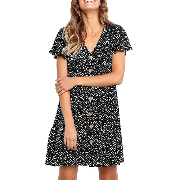 Outfmvch Fall Dresses Womens Dresses Black Dress Womens Polka Dot V Neck Button Down Ruffles Loose Mini Short T Shirt Dress Womens Dresses Black S