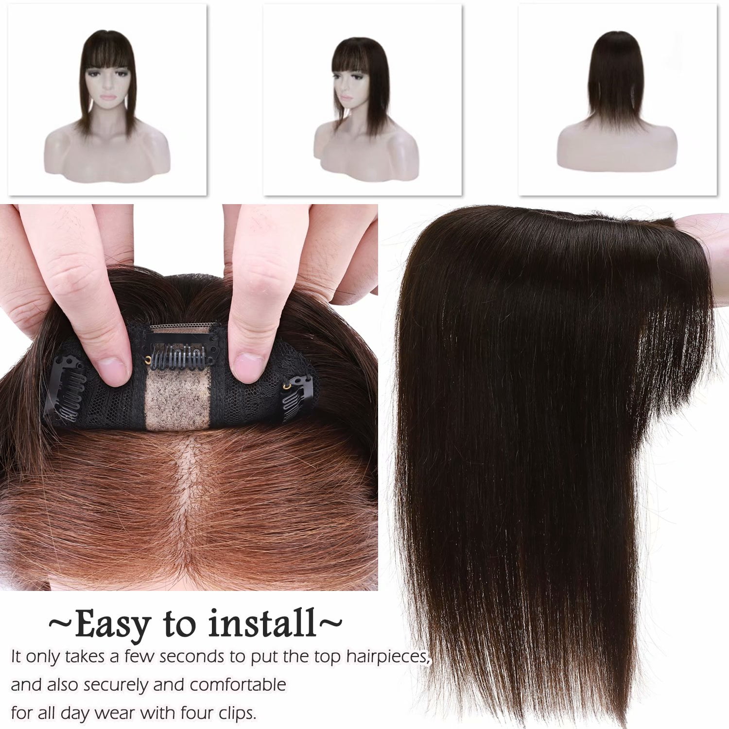 Benehair 100% Real Remy Human Hair Extensions Silk Base Clip In Topper Toupee Hairpiece With Bangs for Women Hair Loss Brown
