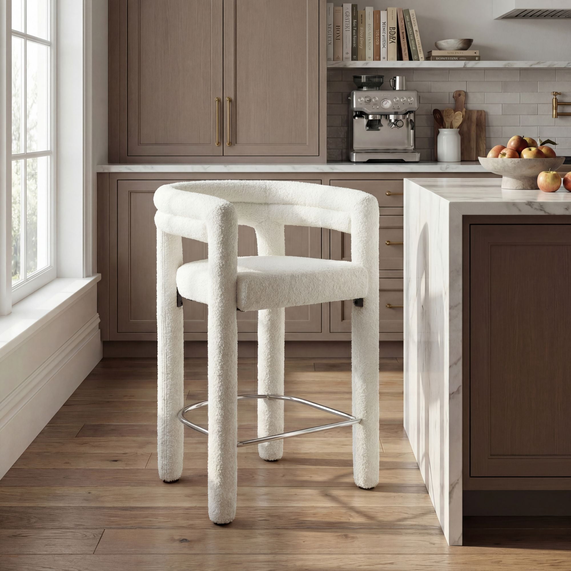 Dayalane 26" Counter Height Bar Stools Set of 1, Modern Sherpa Barrel Barstools with Back and Armrests, Stainless Steel Footrest for Kitchen Island, White