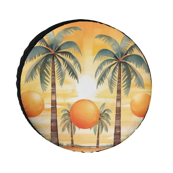 Camping Spare Tire Cover 12inch Merry Palm Trees And A Sun Wheel Protectors Tyre Covers Weatherproof Wheel Covers Tropical Plant Universal Fit for Trailer SUV Truck Camper Travel Trailers Accessories