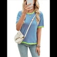 thumbnail image 3 of Womens Tops Casual Summer Crewneck Short Sleeve Striped Color Block Knit High Low Trendy Pullover Sweaters Pink Green L, 3 of 7