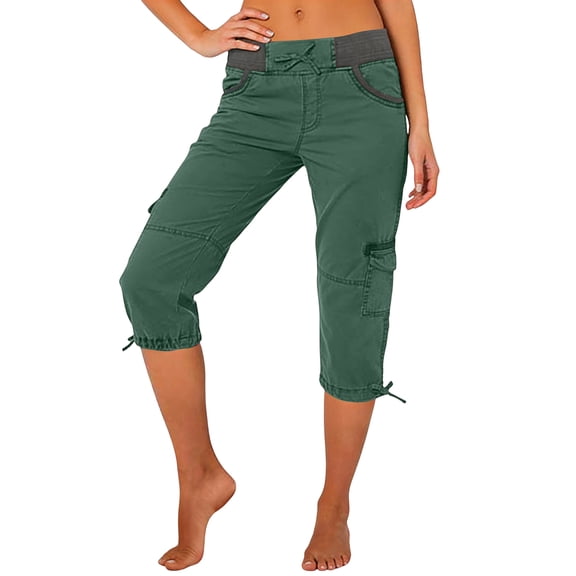MLQIDK Capris for Women Trendy Summer Drawstring Lounge Pants Knee Length Elastic Waist Light Weight Pants Dressy Casual Cargo Capris with Pockets Dark Green L