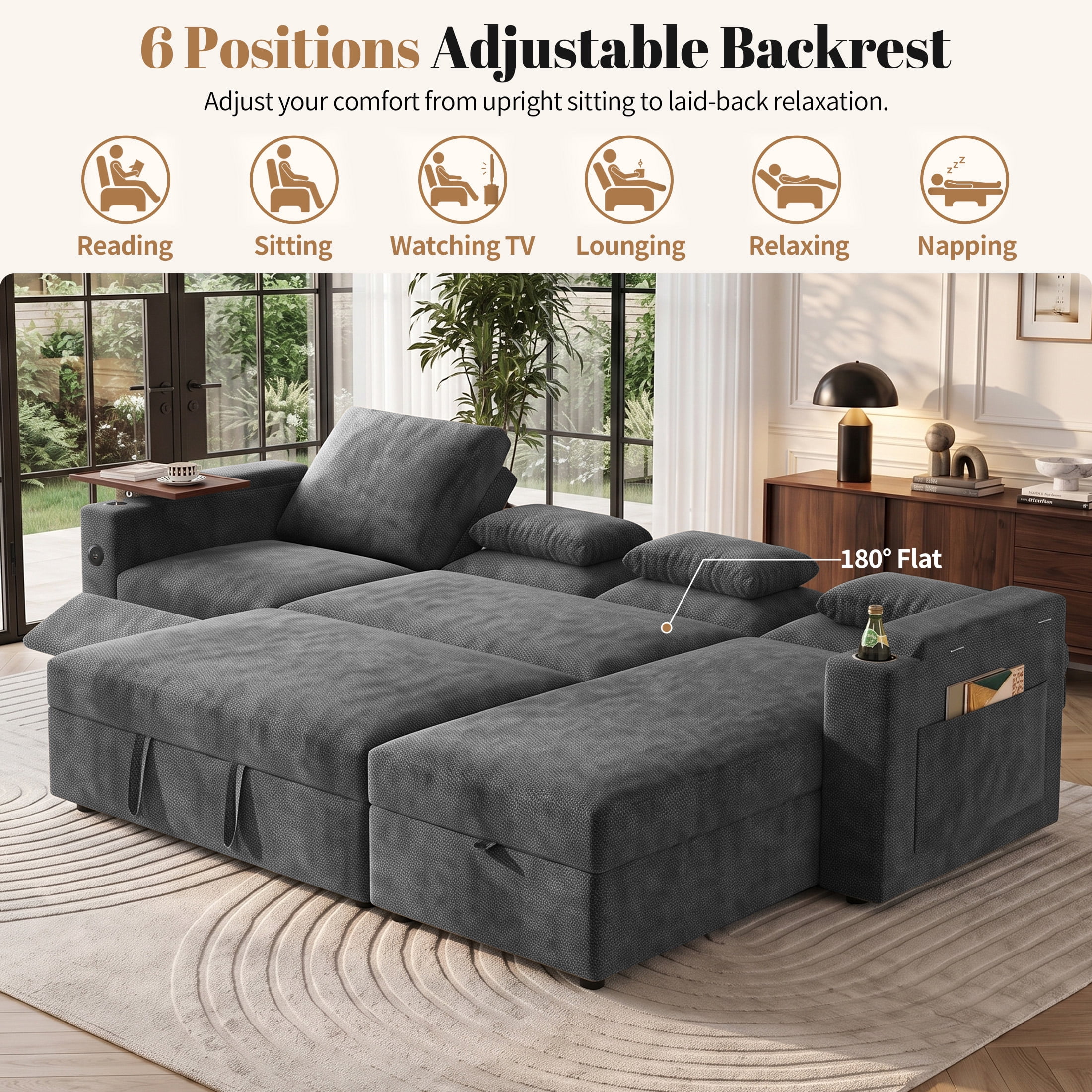 Aenkyo 108" L-Shaped Sectional Sleeper Sofa with Pull Out Bed, Recliner and Storage Chaise, Gray