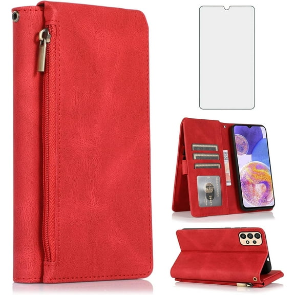 MYKOMI Compatible with Samsung Galaxy A23 5G/4G Wallet Case HD Screen Protector and Zipper Retro Leather Flip Cover Card Holder Stand Cell Accessories for A 23 23A 6.6 Women Men Red