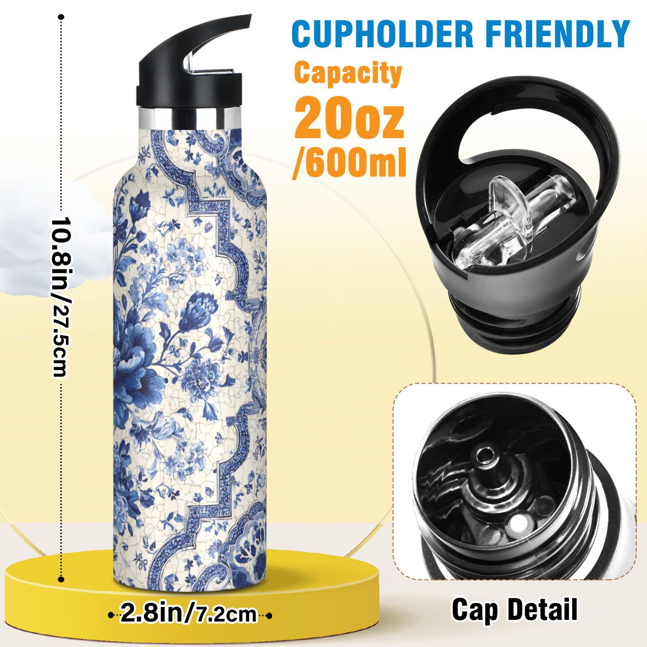 Kids Insulated Stainless Steel Sports Water Bottle 600ml (20oz) Blue and White Porcelain-style