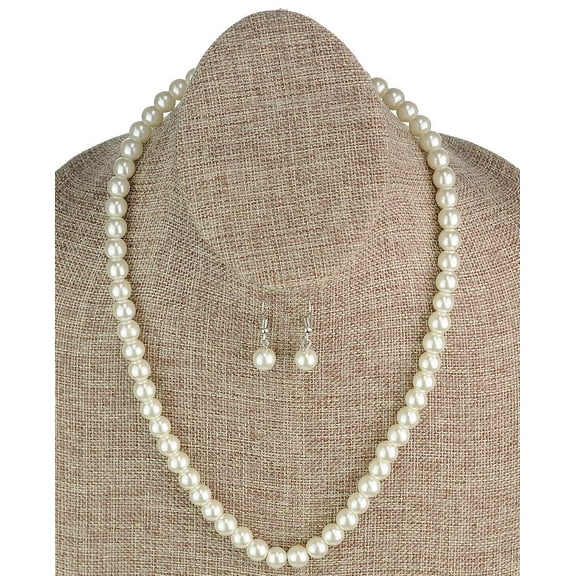 Women's 10mm Simulated Pearl Necklace with Ball Earrings Set, White