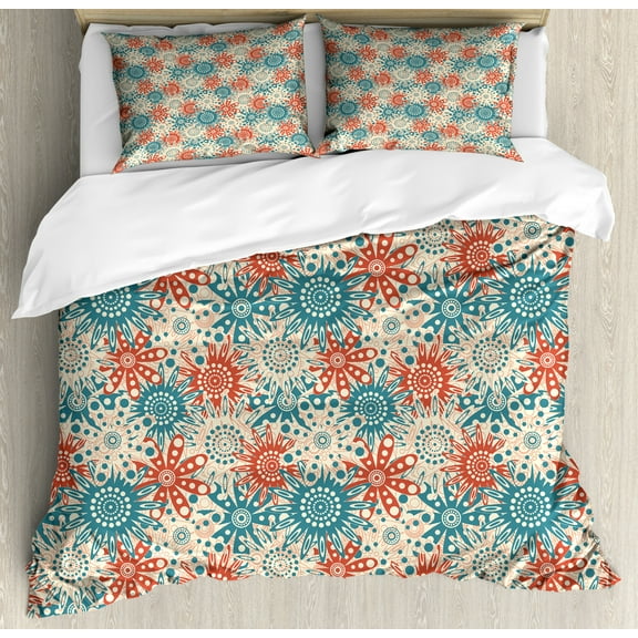 Red and Blue King Size Duvet Cover Set, Hippie Summer Theme with Youthful Field in Primitive Art Design, Decorative 3 Piece Bedding Set with 2 Pillow Shams, Teal Vermilion Beige, by Ambesonne