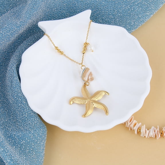 Starfish & Natural Seashell Pendant Necklace – Stainless Steel 18k gold plated, Natural shell, Beach Jewelry for Women
