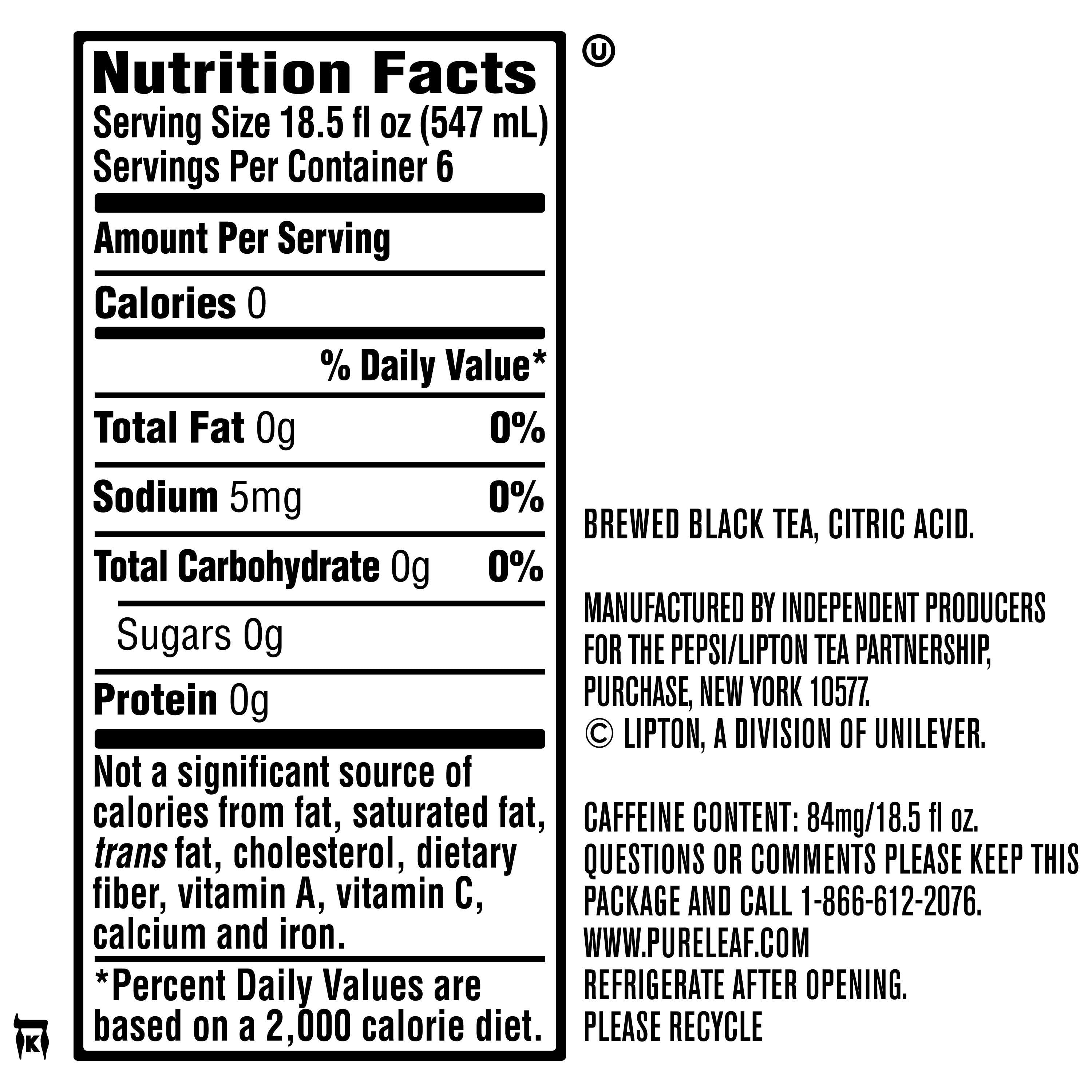 Lipton Pure Leaf Unsweetened Real Brewed Black Iced Tea, 18.5 fl oz, 6 Pack Bottles