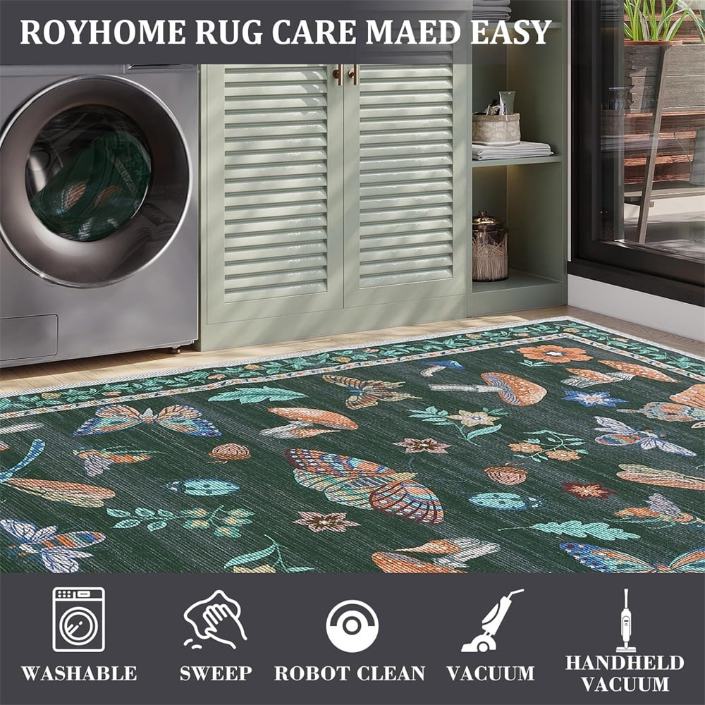 Washable Runner Rug Modern Insect Floral Print Area Rug Mushroom Carpet for Kitchen Stain Resistant Carpet with Non-Slip Backing Low Pile Floor Cover for Hallway Laundry Bedroom