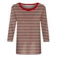 thumbnail image 5 of Women's Crew Neck 3/4 Sleeve Striped Print Top, Contrast Trim Casual Slim Fit Basic T-Shirt Blouse for Spring Summer Daily Wear 09-Vermilion XL, 5 of 5