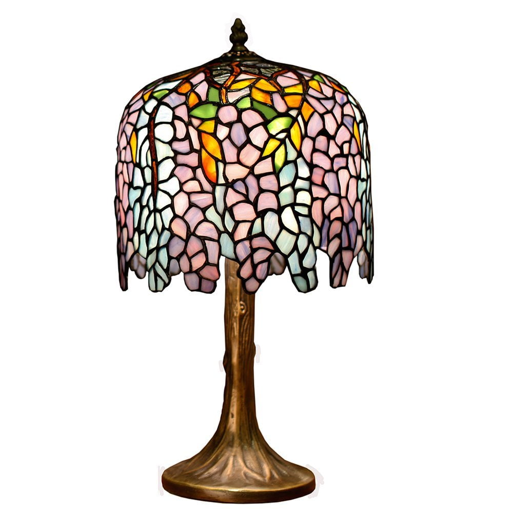 Bieye L10007 10-inches Wisteria Tiffany Style Stained Glass Table Lamp with 100% Brass Base, 19-inch in Height