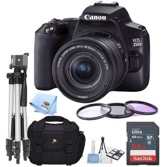 Canon EOS 250D DSLR Digital Camera W/ 18-55mm Lens & 64GB   Case   50" Tripod bundle