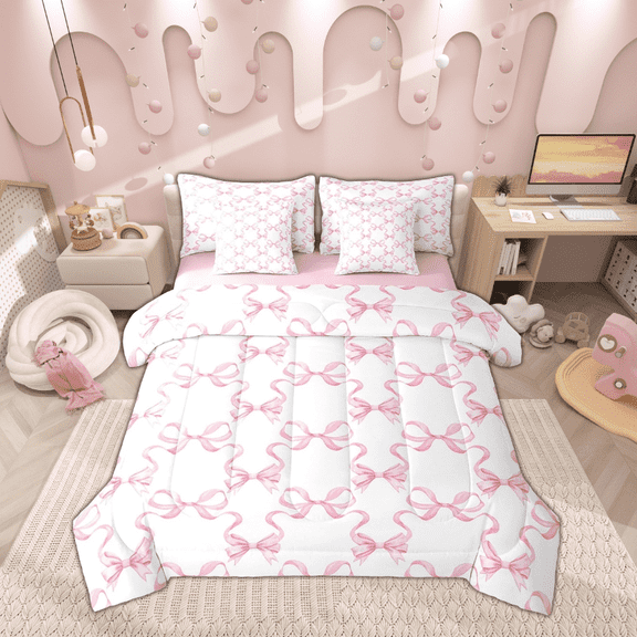 Manfei Girly Pink Bowknot Bedding Comforter Set 7 Pieces, Cute Princess Full Bedding Set