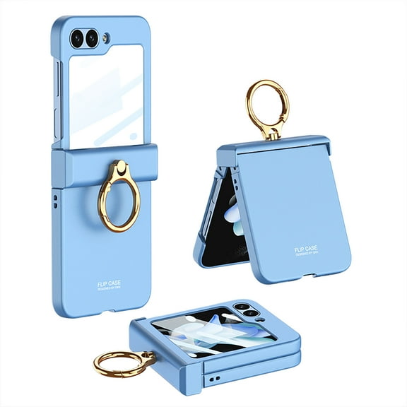 Decase Ring Stand Luxury Case for Samsung Galaxy Z Flip 5 Matte PC Case with Built-in Small Front Screen Protector Hinge Protection Metal Shockproof Slim Phone Cover Case3,Blue