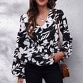 thumbnail image 3 of White Flowers on Black, Ruffled Hem, Size M Floral V-Neck Long-Sleeve Wrap Blouse, 3 of 6