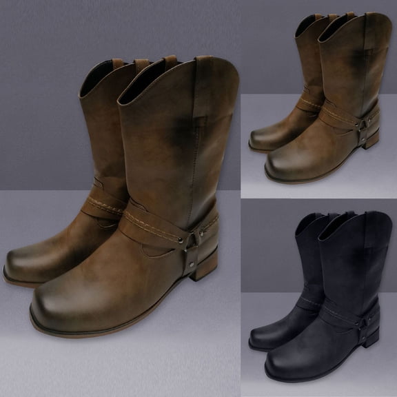 Unisex Vintage Western Mid Calf Boots Pull On Low Block Heel Square Toe Leather Cowboy Booties for Street Country Date Winter Wear Black 45
