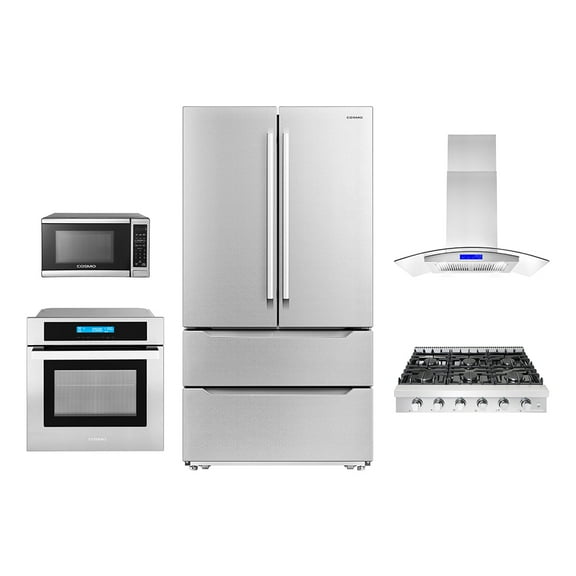 5 Piece Kitchen Package With 36" Slide-In Gas Cooktop 36" Island Range Hood 30" Single Electric Wall Oven 24" Built-In Microwave Drawer & French Door Refrigerator